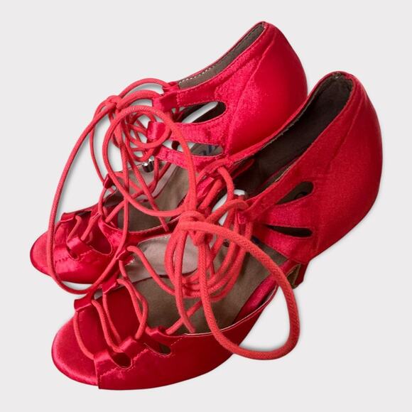 Burju Latin Dance Alemana Red Satin Open Toe Lace Up Heeled Sandals Size 6.5 - Picture 5 of 16